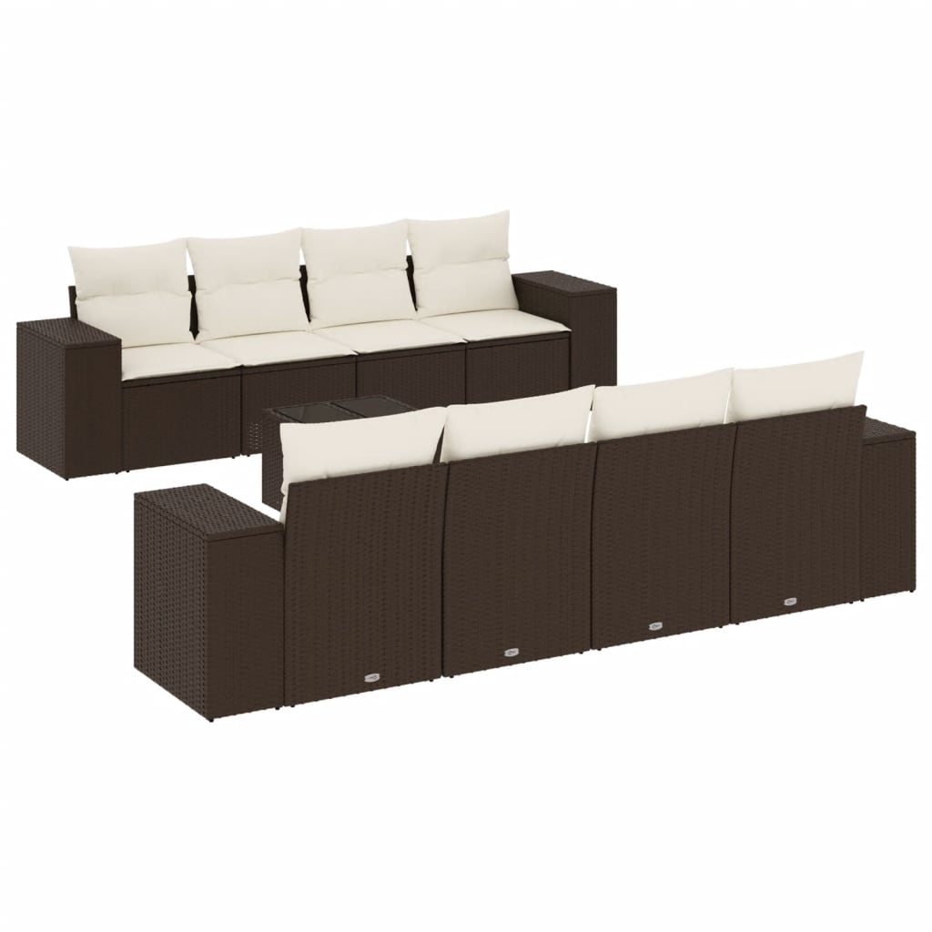 Set Divani da Giardino 9pz con Cuscini Marrone in Polyrattan