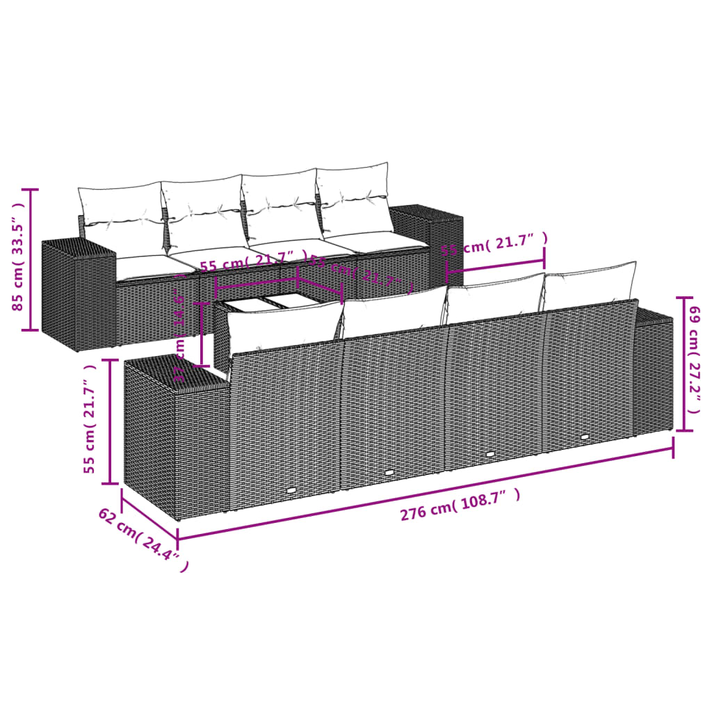 Set Divani da Giardino 9pz con Cuscini Marrone in Polyrattan