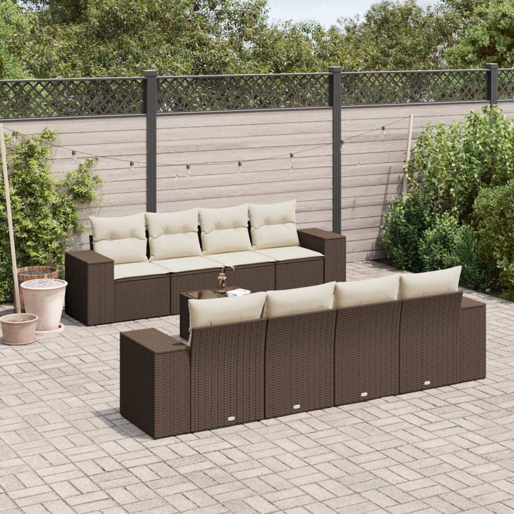 Set Divani da Giardino 9pz con Cuscini Marrone in Polyrattan