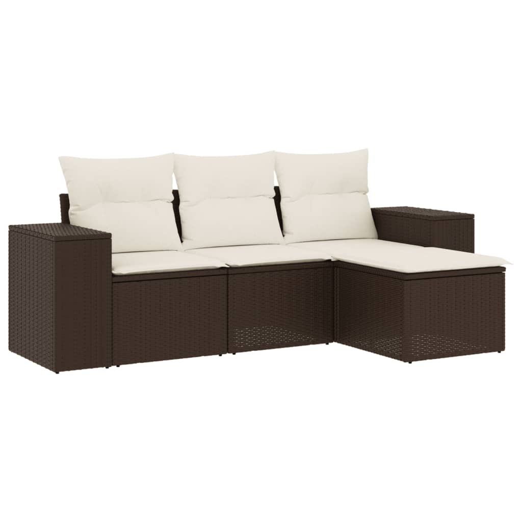 Set Divano da Giardino 4 pz con Cuscini Marrone in Polyrattan