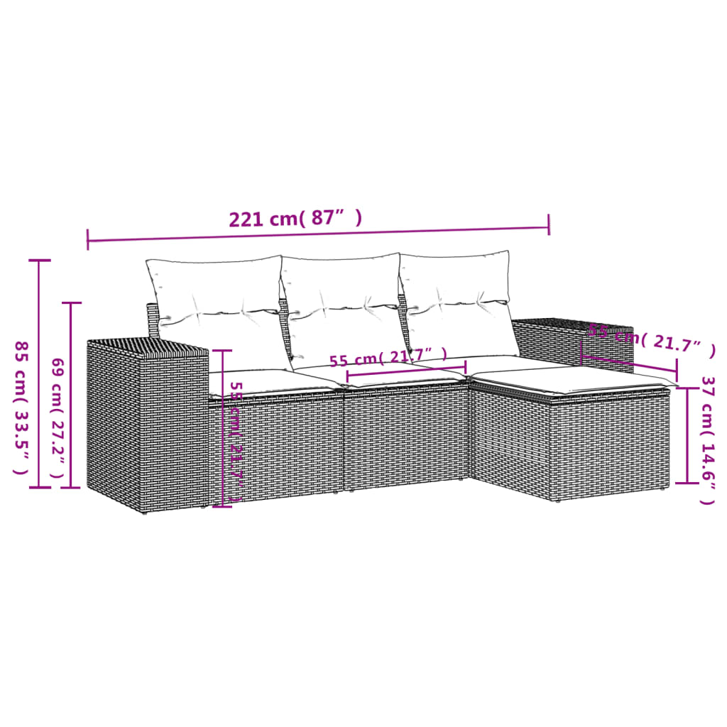 Set Divano da Giardino 4 pz con Cuscini Marrone in Polyrattan