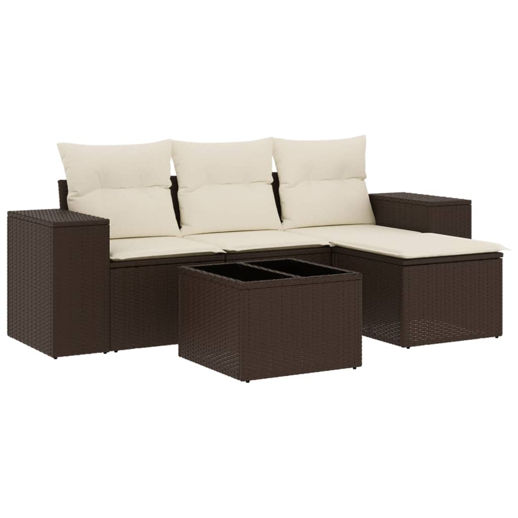 Set Divano da Giardino 5 pz con Cuscini Marrone in Polyrattan