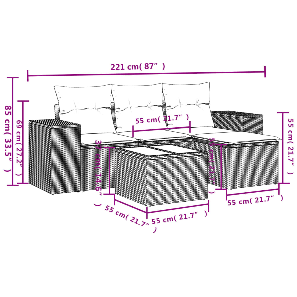 Set Divano da Giardino 5 pz con Cuscini Marrone in Polyrattan