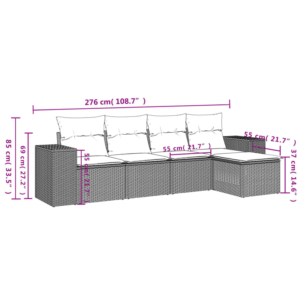 Set Divano da Giardino 5 pz con Cuscini Marrone in Polyrattan