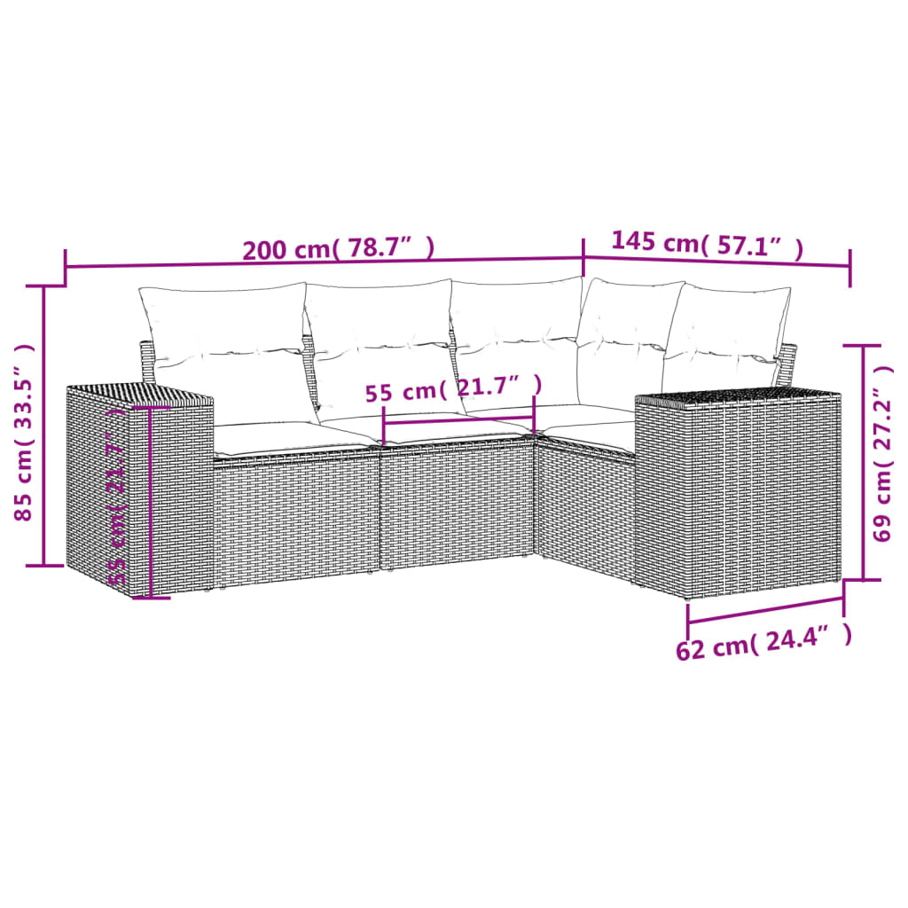 Set Divano da Giardino 4 pz con Cuscini Marrone in Polyrattan