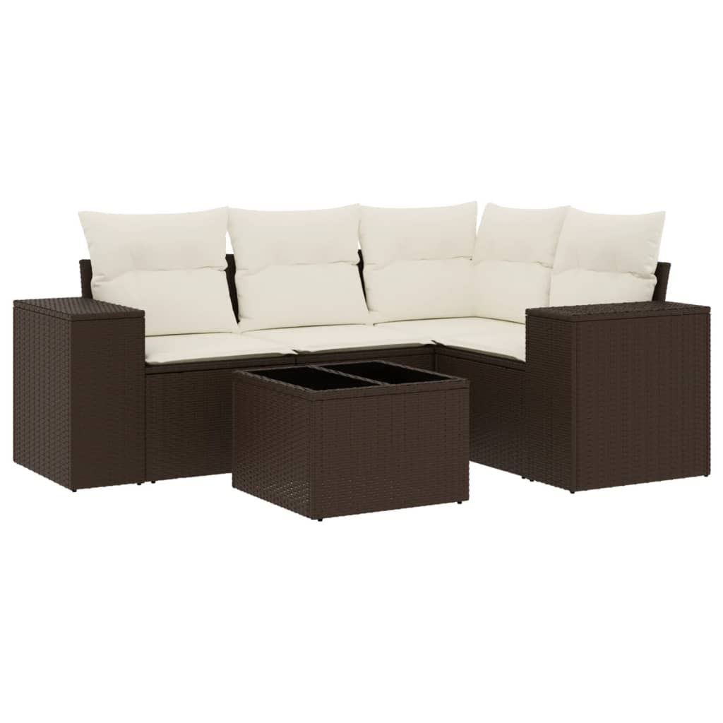 Set Divano da Giardino 5 pz con Cuscini Marrone in Polyrattan