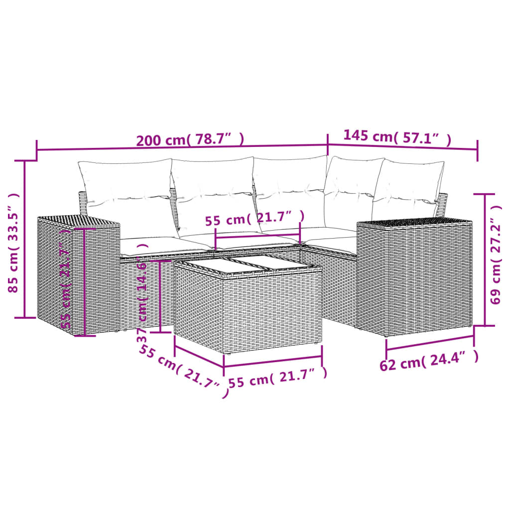 Set Divano da Giardino 5 pz con Cuscini Marrone in Polyrattan