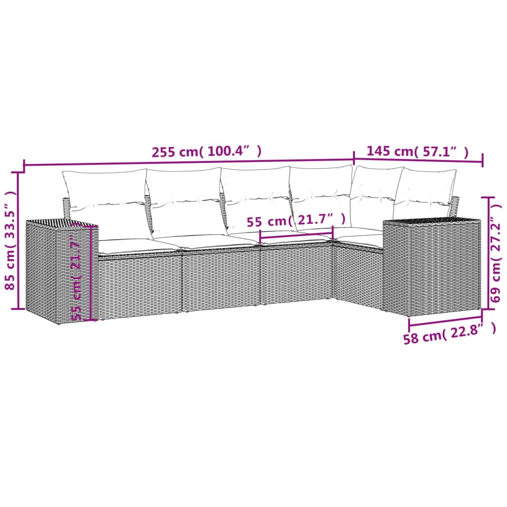 Set Divano da Giardino 5 pz con Cuscini Marrone in Polyrattan