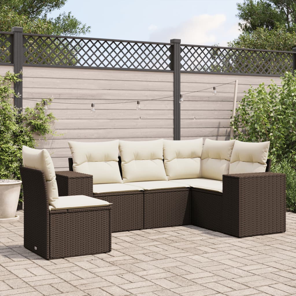 Set Divano da Giardino 5 pz con Cuscini Marrone in Polyrattan