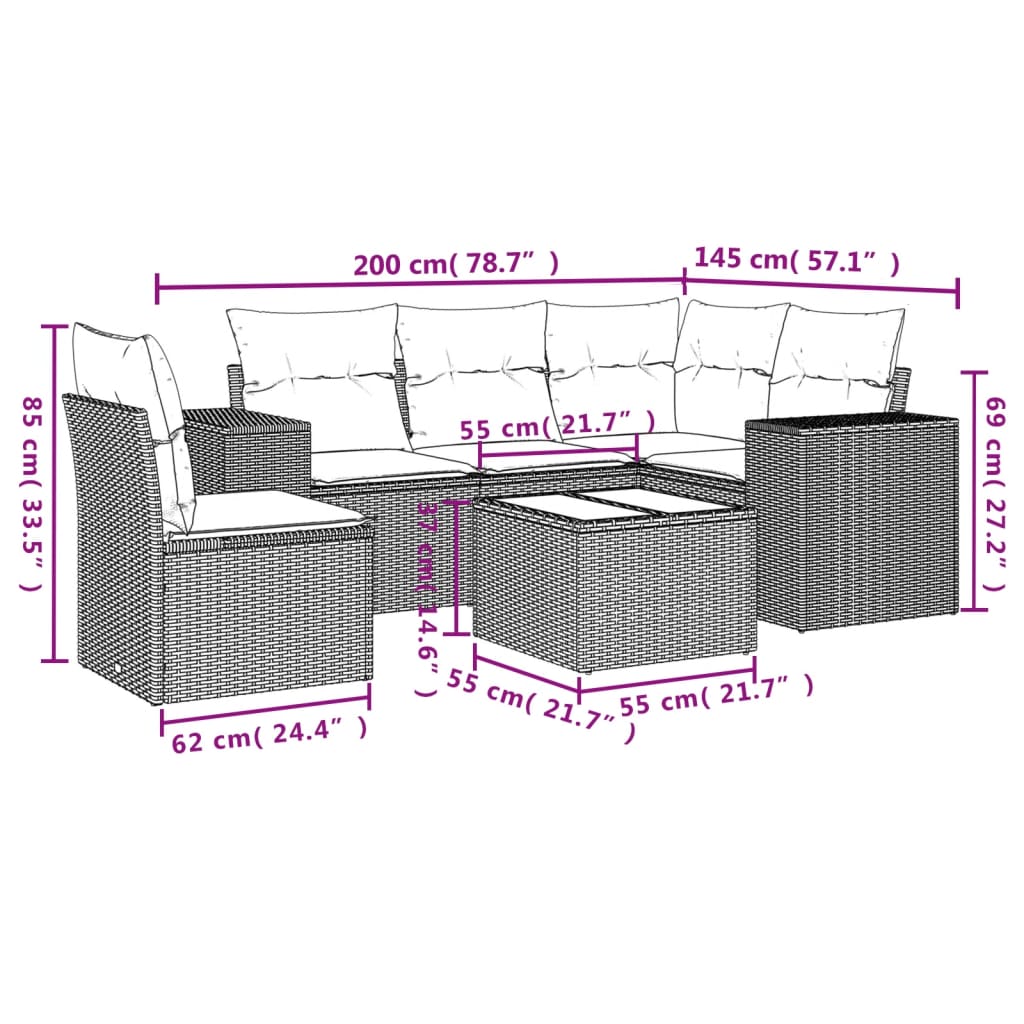 Set Divano da Giardino 6 pz con Cuscini Beige in Polyrattan