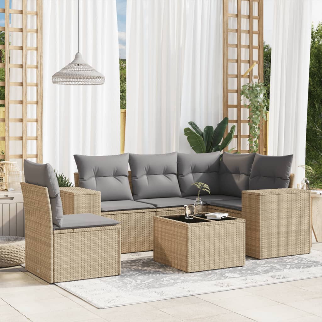 Set Divano da Giardino 6 pz con Cuscini Beige in Polyrattan