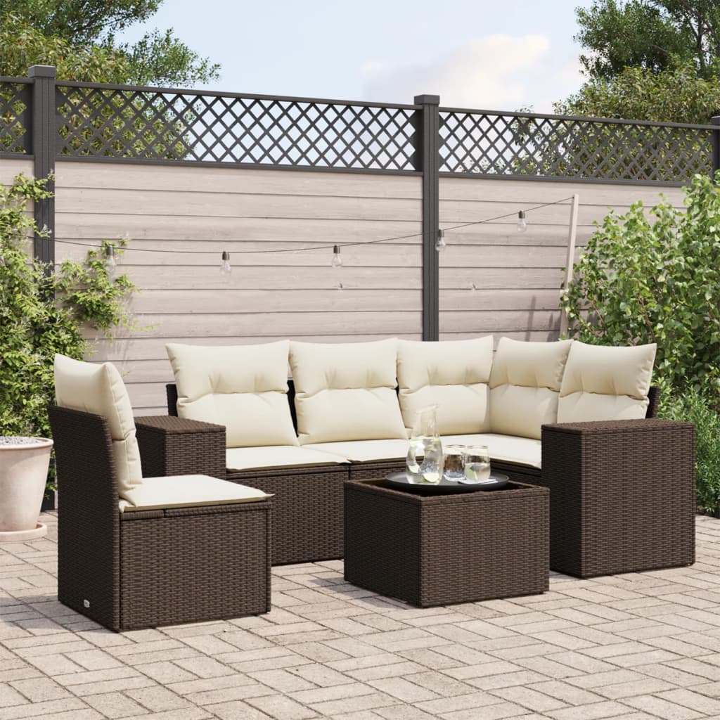 Set Divano da Giardino 6 pz con Cuscini Marrone in Polyrattan