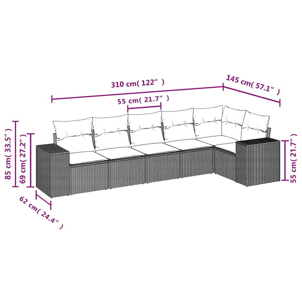 Set Divano da Giardino 6 pz con Cuscini Marrone in Polyrattan