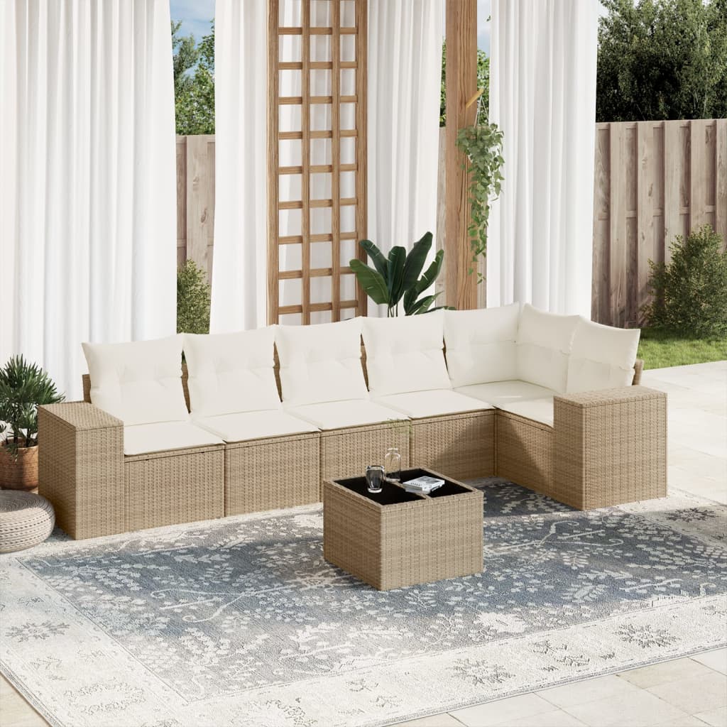 Set Divani da Giardino 7 pz con Cuscini Beige in Polyrattan