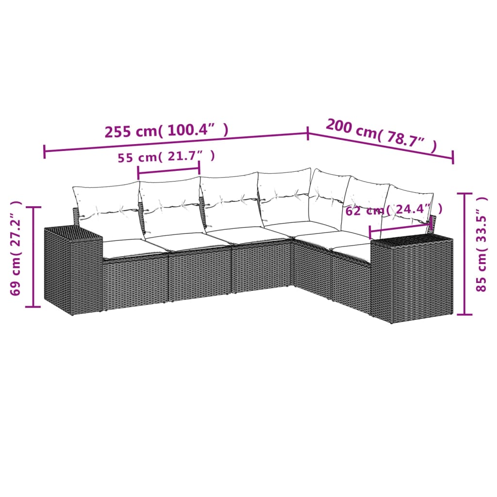 Set Divano da Giardino 6 pz con Cuscini Marrone in Polyrattan