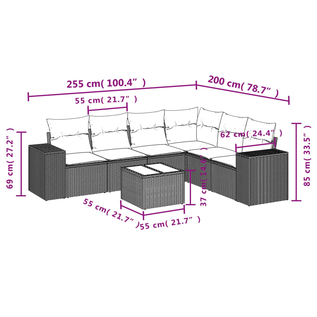 Set Divani da Giardino 7 pz con Cuscini Marrone in Polyrattan