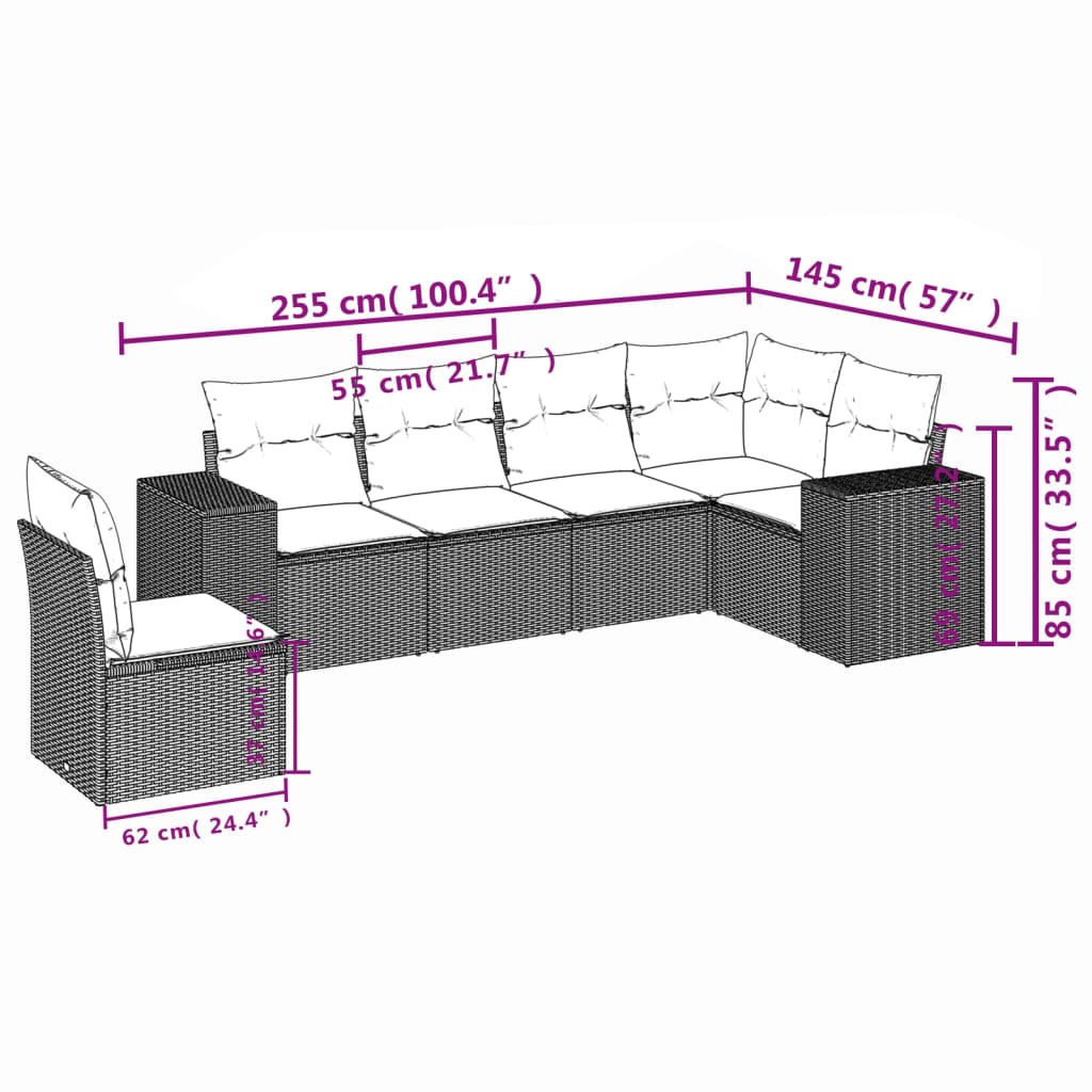 Set Divano da Giardino 6 pz con Cuscini Marrone in Polyrattan