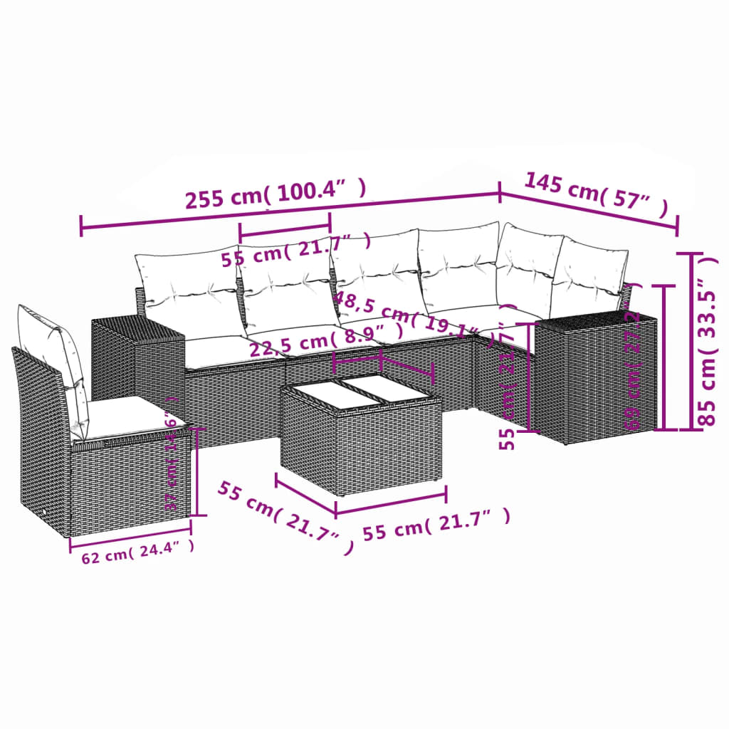 Set Divani da Giardino 7 pz con Cuscini Marrone in Polyrattan