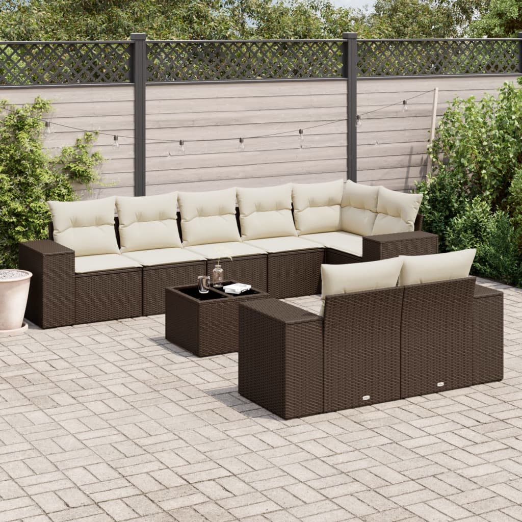 Set Divani da Giardino 9pz con Cuscini Marrone in Polyrattan