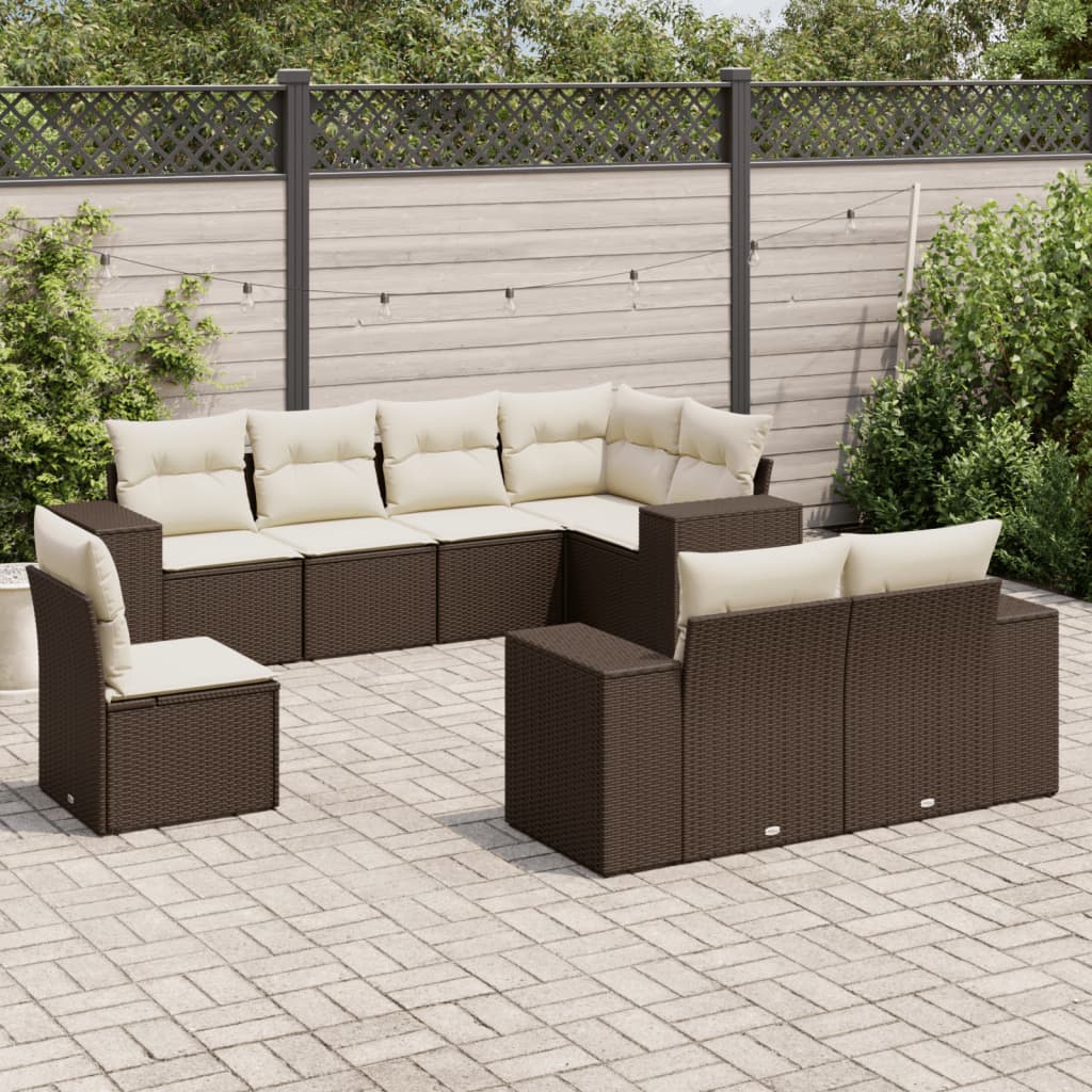 Set Divani da Giardino 8 pz con Cuscini Marrone in Polyrattan