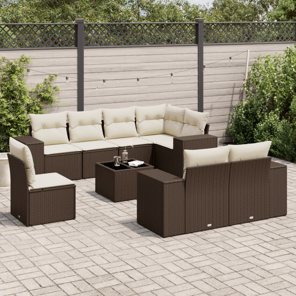 Set Divani da Giardino 9pz con Cuscini Marrone in Polyrattan