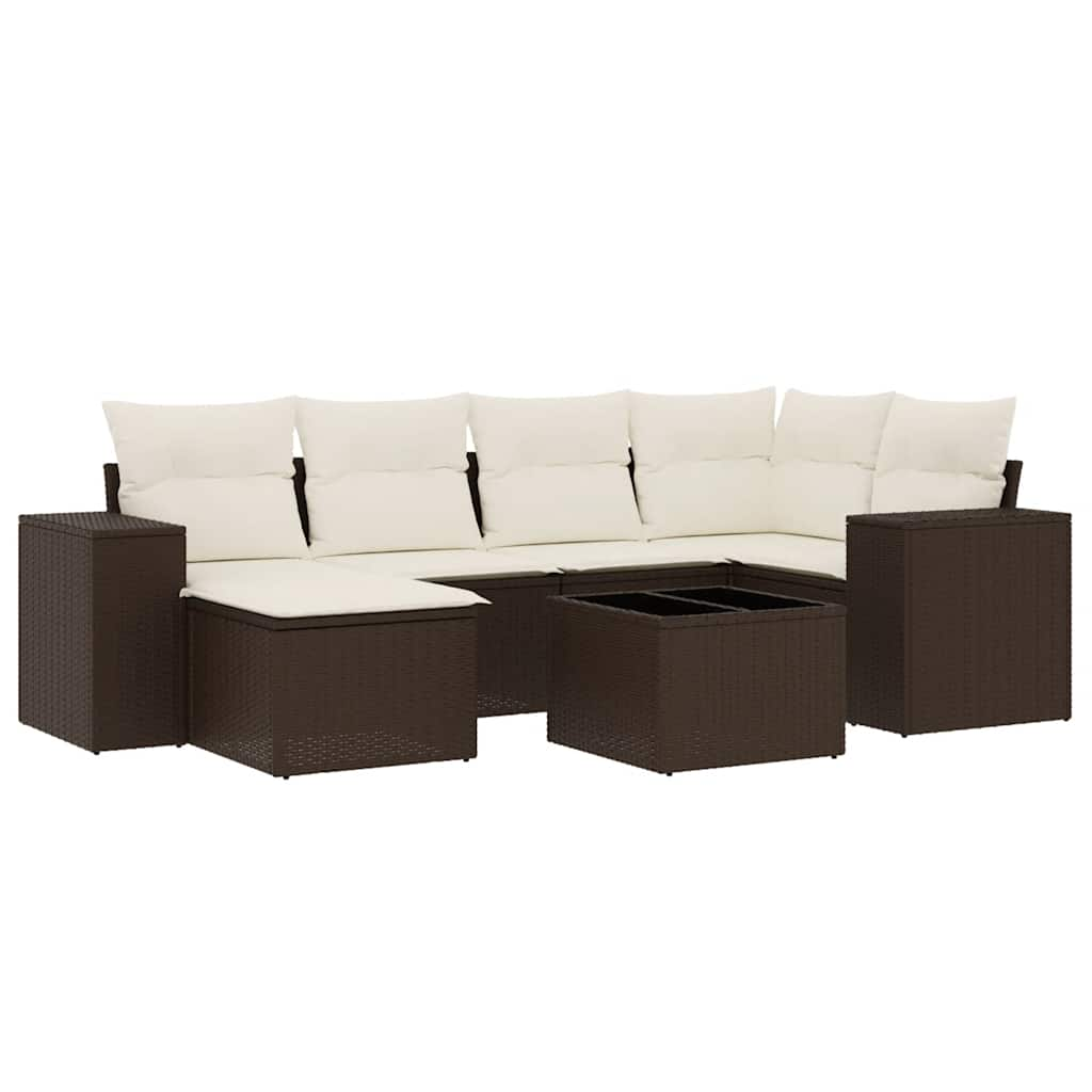 Set Divani da Giardino 7 pz con Cuscini Marrone in Polyrattan