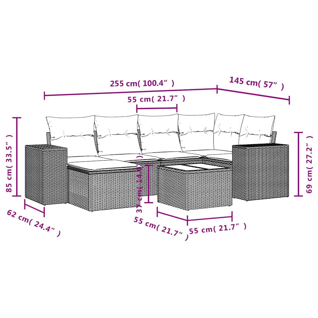 Set Divani da Giardino 7 pz con Cuscini Marrone in Polyrattan