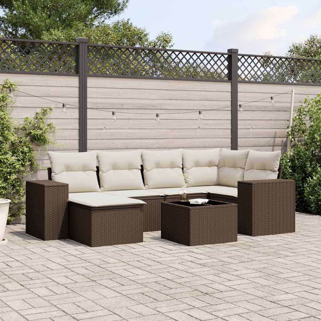 Set Divani da Giardino 7 pz con Cuscini Marrone in Polyrattan