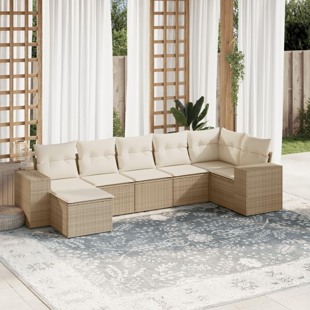 Set Divani da Giardino 7 pz con Cuscini Beige in Polyrattan