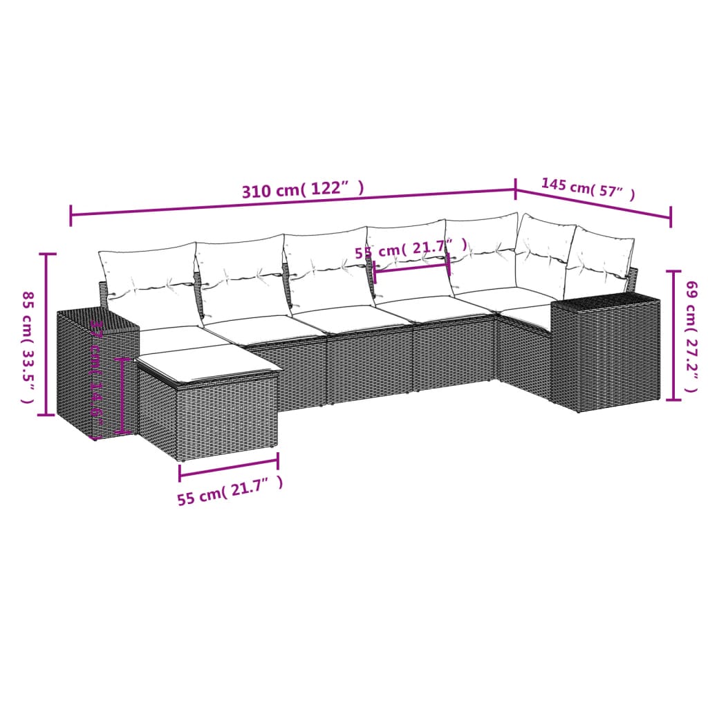 Set Divani da Giardino 7 pz con Cuscini Marrone in Polyrattan