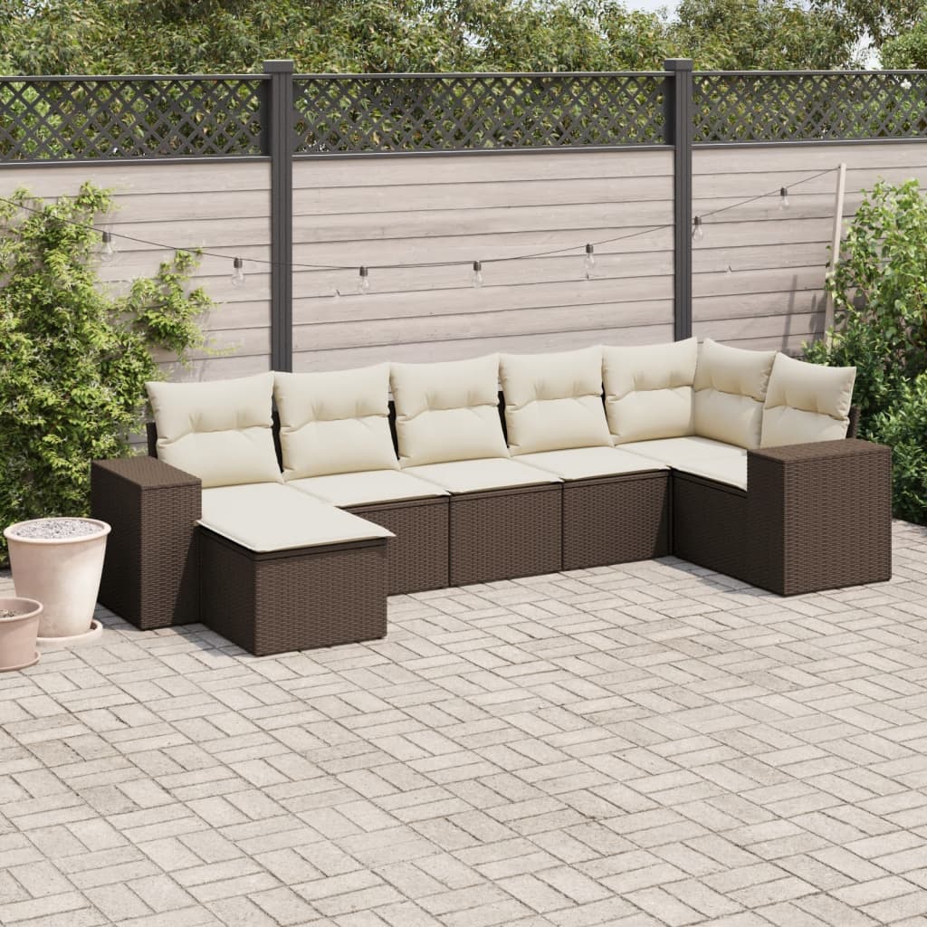 Set Divani da Giardino 7 pz con Cuscini Marrone in Polyrattan