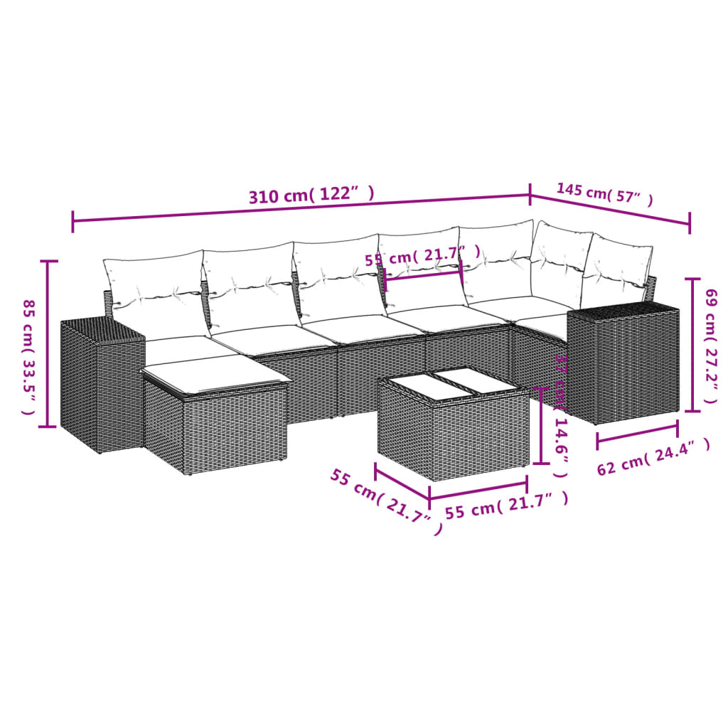 Set Divano da Giardino 8 pz con Cuscini Beige in Polyrattan