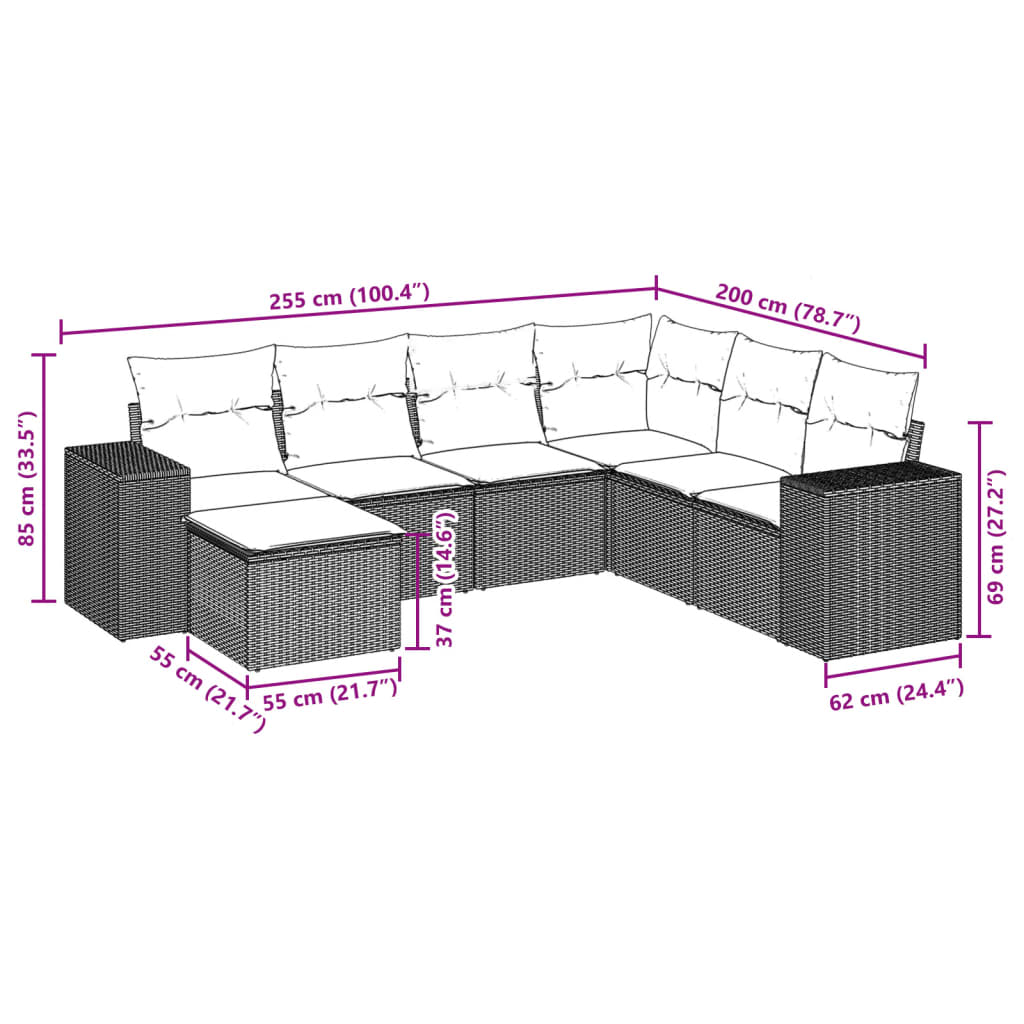 Set Divani da Giardino 7 pz con Cuscini Marrone in Polyrattan