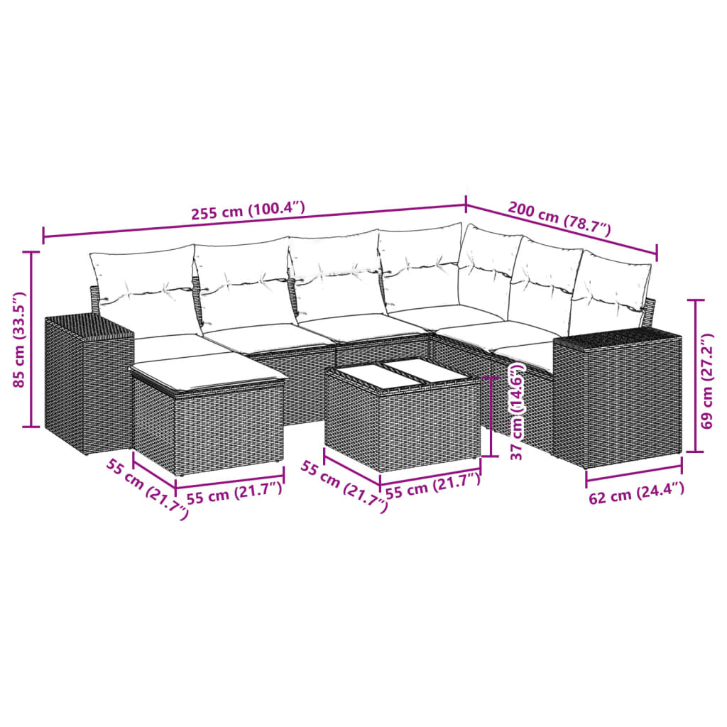 Set Divano da Giardino 8 pz con Cuscini Beige in Polyrattan