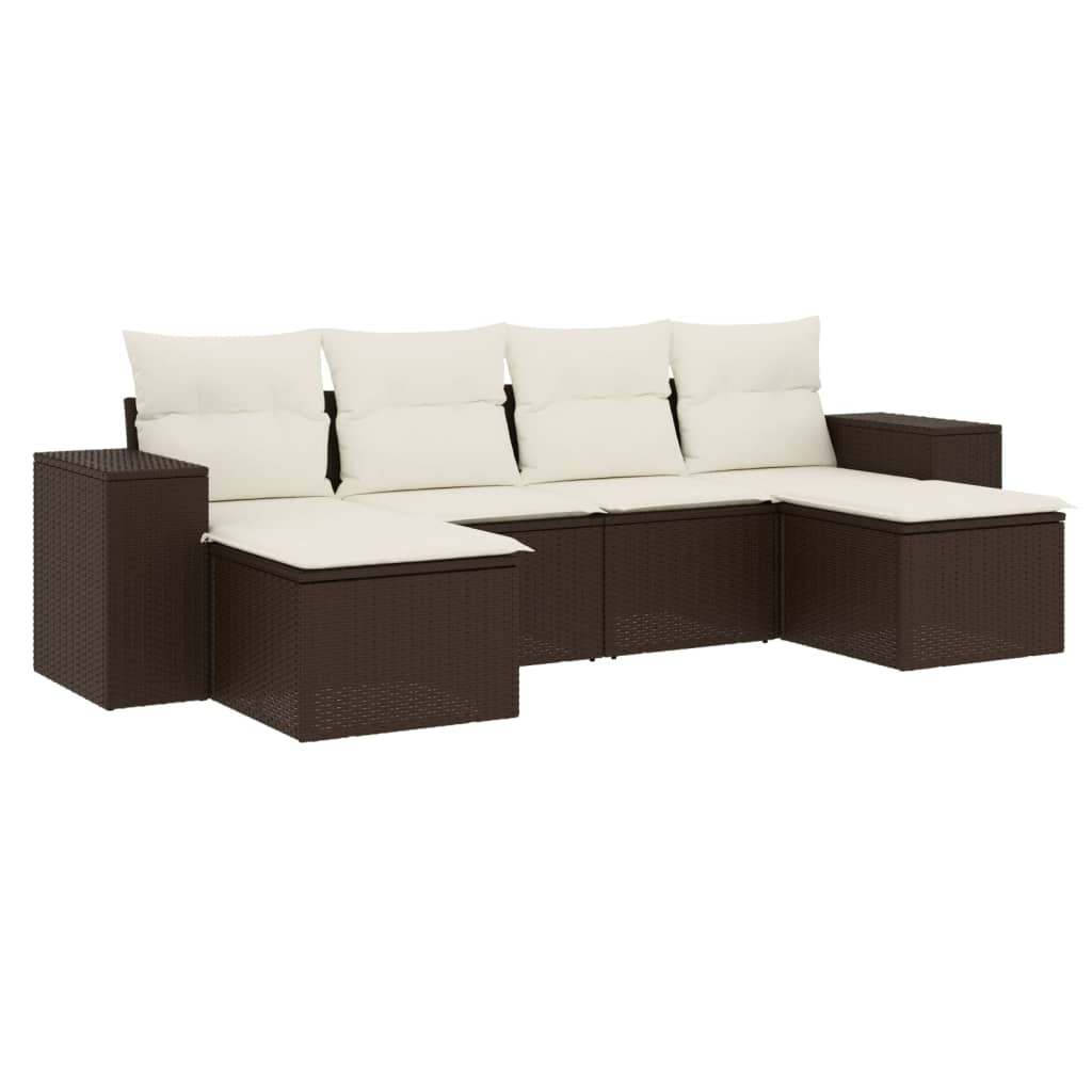 Set Divano da Giardino 6 pz con Cuscini Marrone in Polyrattan