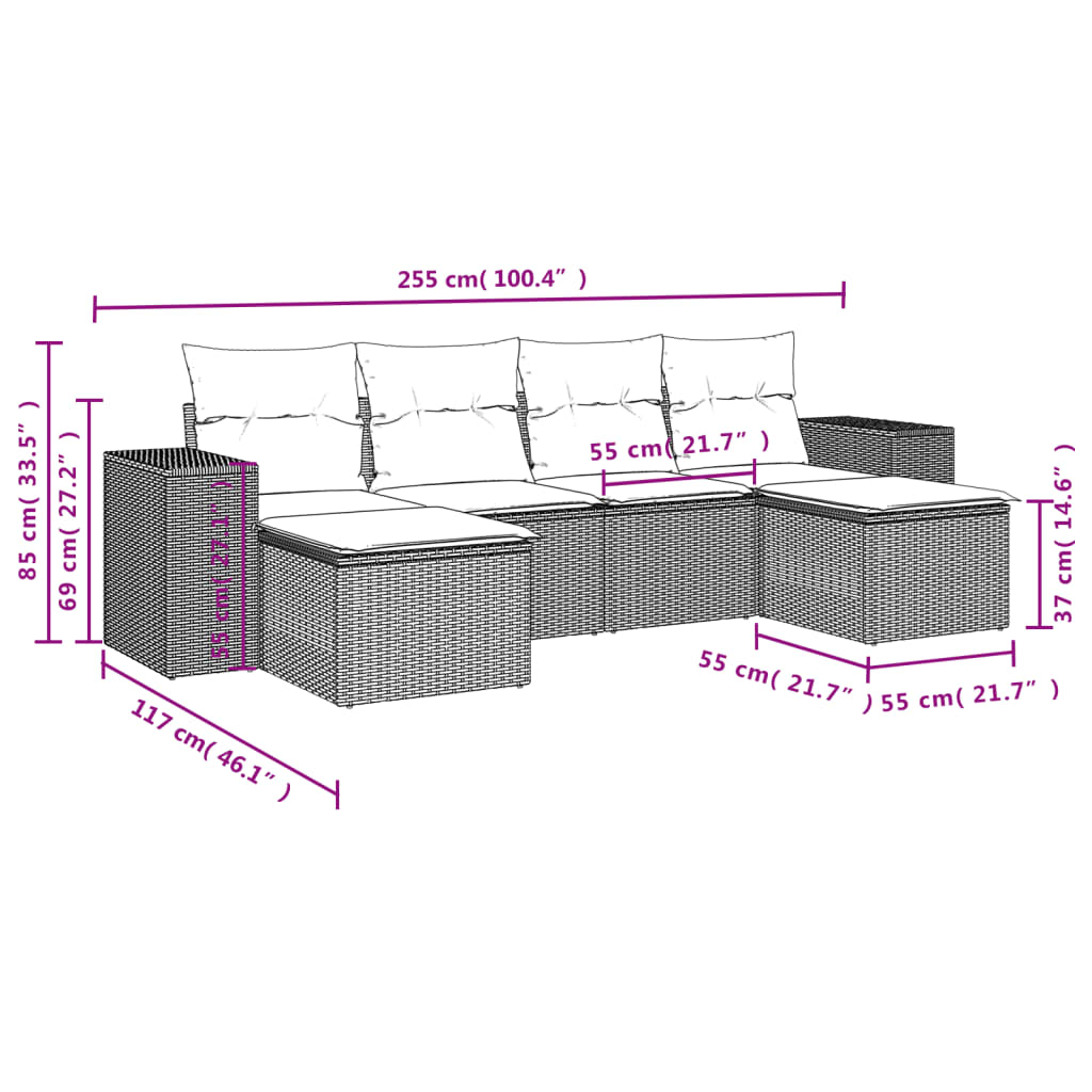 Set Divano da Giardino 6 pz con Cuscini Marrone in Polyrattan