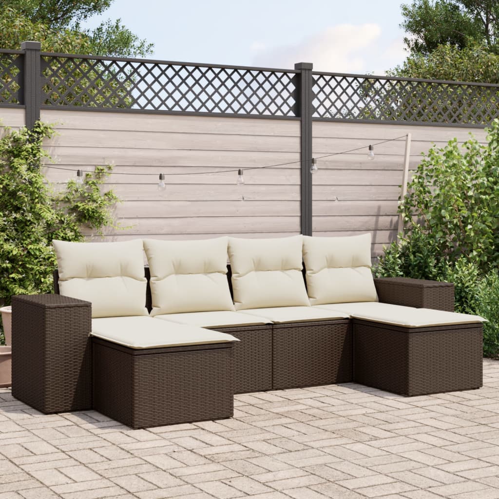 Set Divano da Giardino 6 pz con Cuscini Marrone in Polyrattan