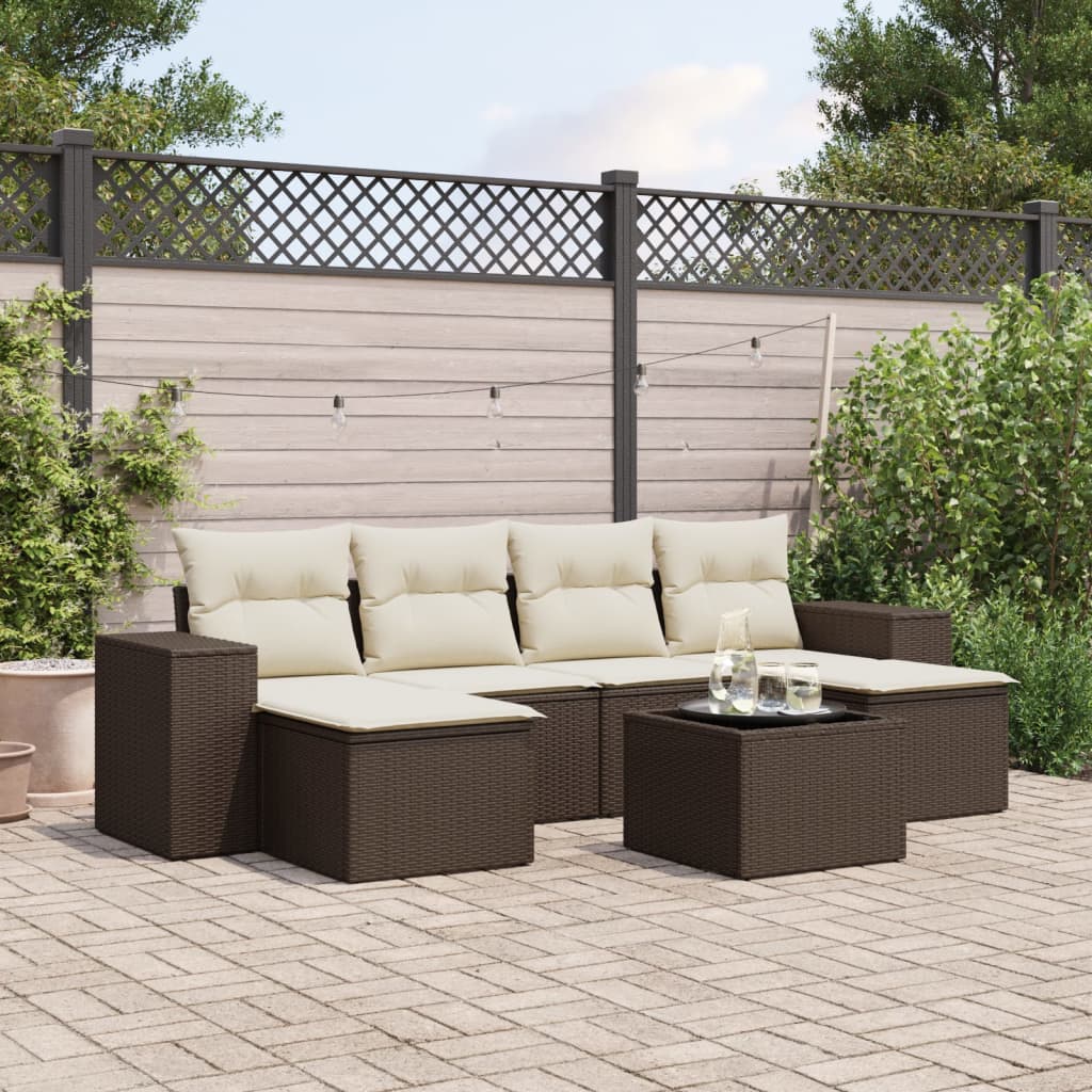 Set Divani da Giardino 7 pz con Cuscini Marrone in Polyrattan