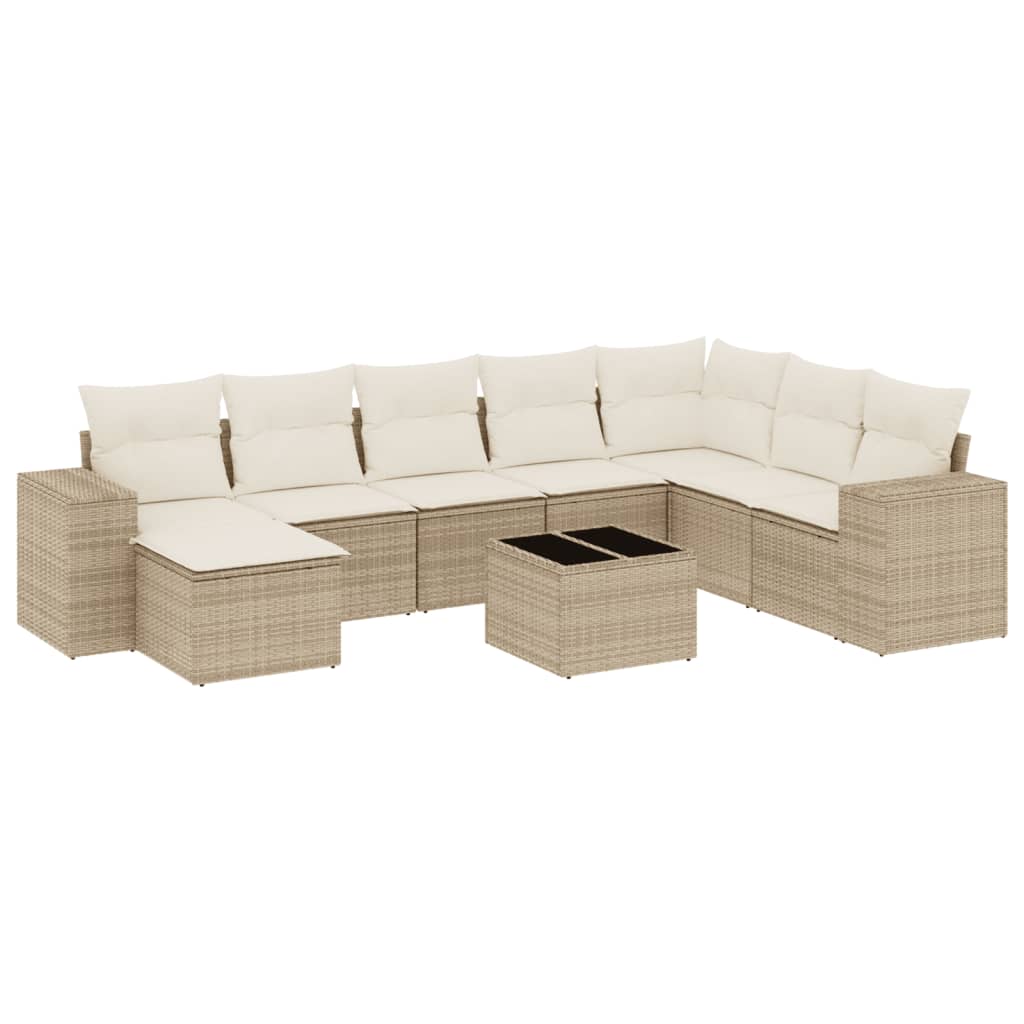 Set Divano da Giardino 9 pz con Cuscini Beige in Polyrattan