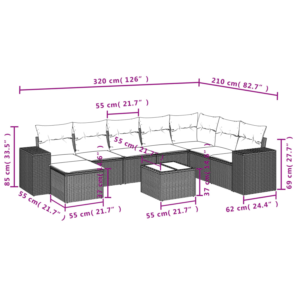 Set Divano da Giardino 9 pz con Cuscini Beige in Polyrattan