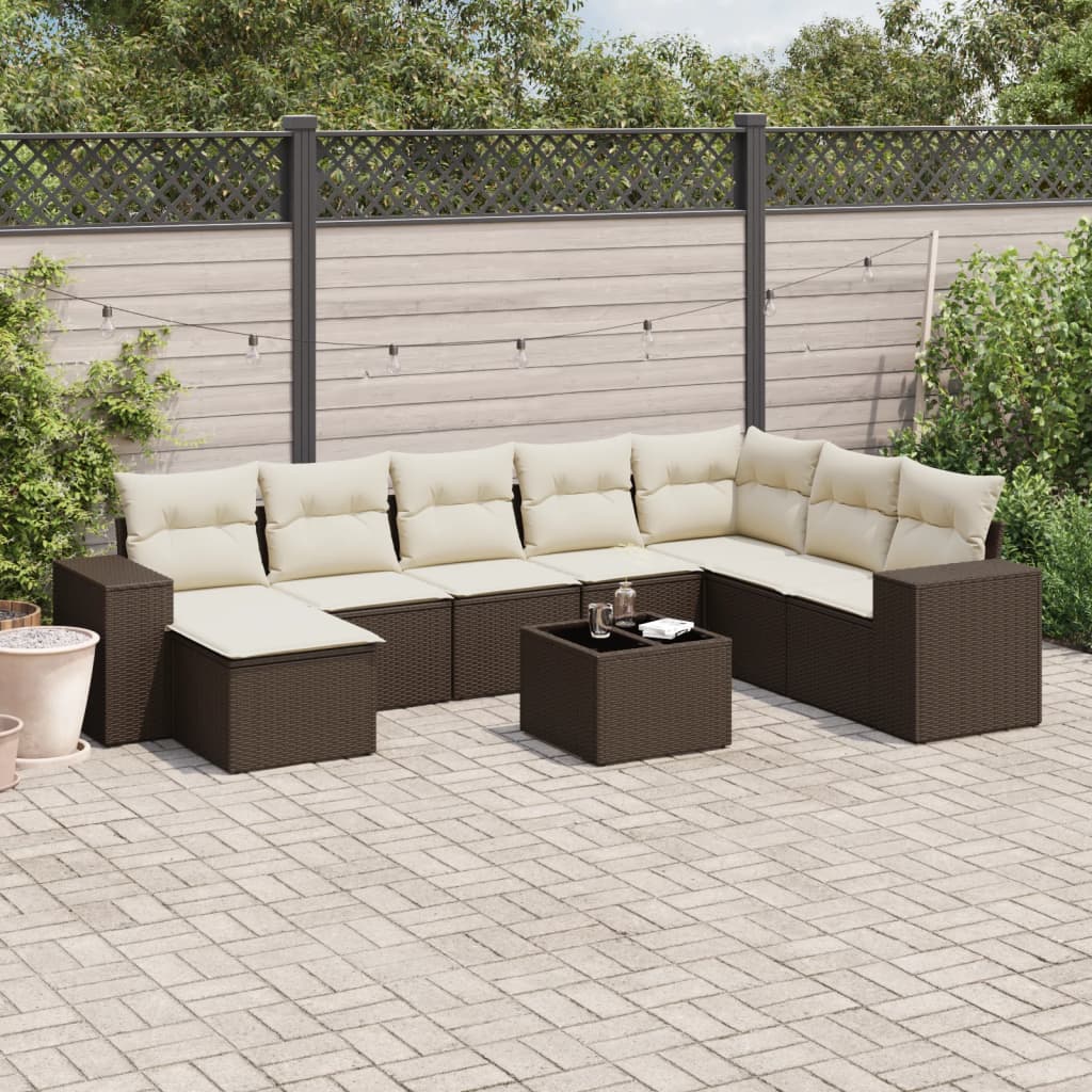 Set Divani da Giardino 9pz con Cuscini Marrone in Polyrattan