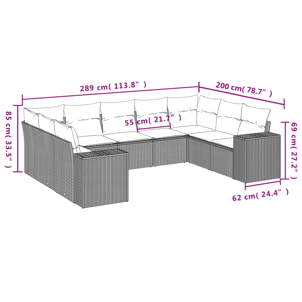 Set Divani da Giardino 9pz con Cuscini Marrone in Polyrattan