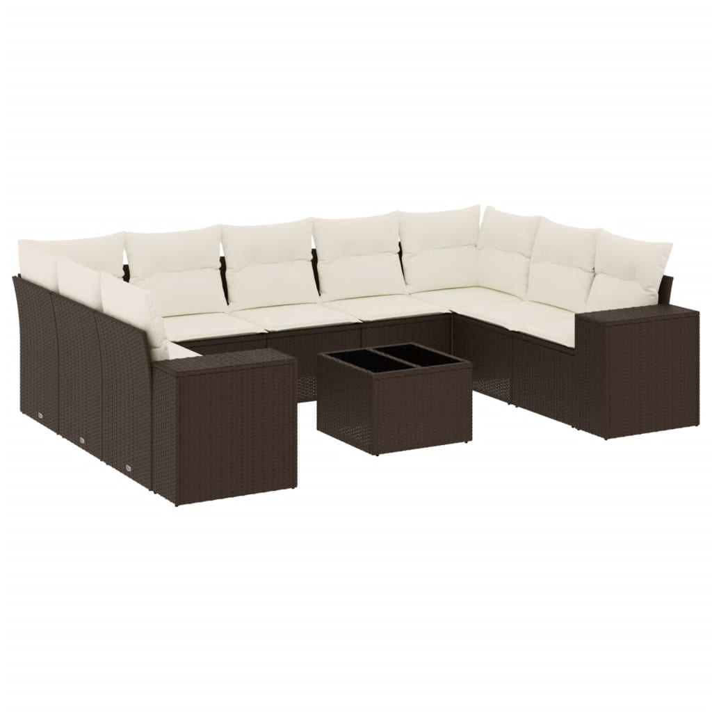 Set Divani da Giardino 10pz con Cuscini in Polyrattan Marrone