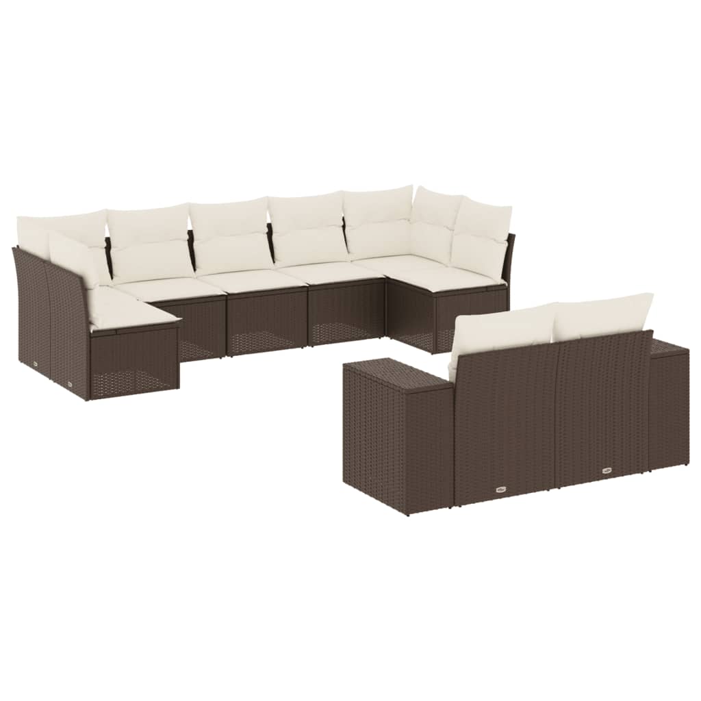 Set Divani da Giardino 9pz con Cuscini Marrone in Polyrattan