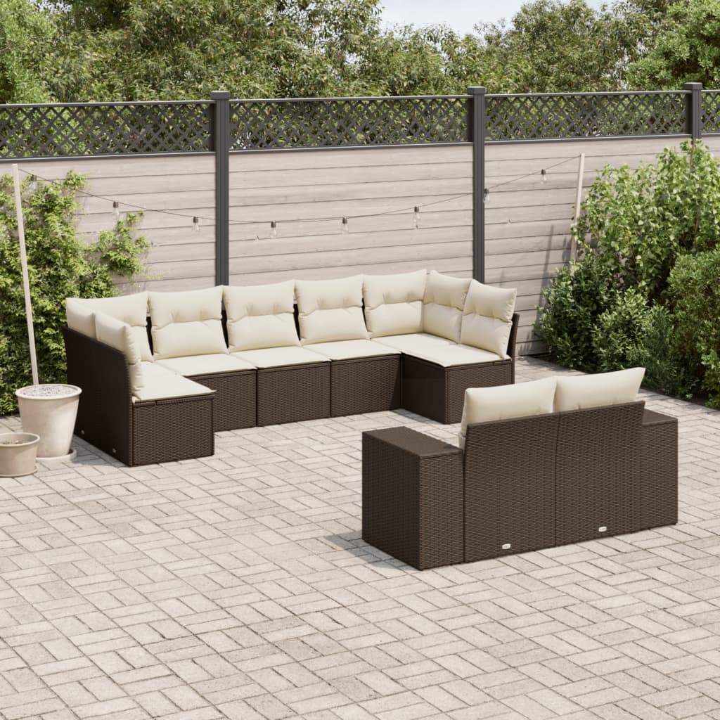 Set Divani da Giardino 9pz con Cuscini Marrone in Polyrattan