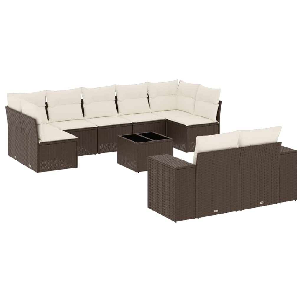 Set Divani da Giardino 10pz con Cuscini in Polyrattan Marrone