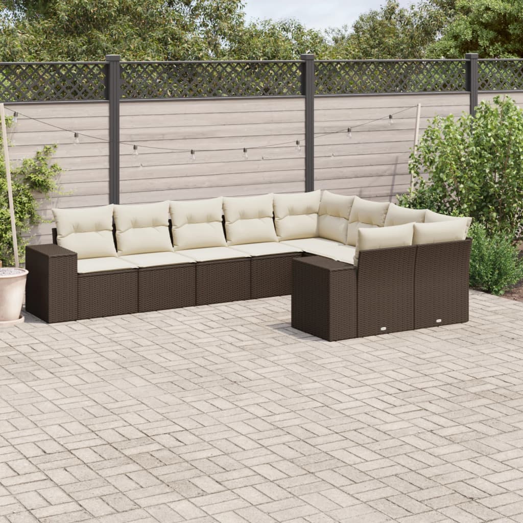 Set Divani da Giardino 9pz con Cuscini Marrone in Polyrattan