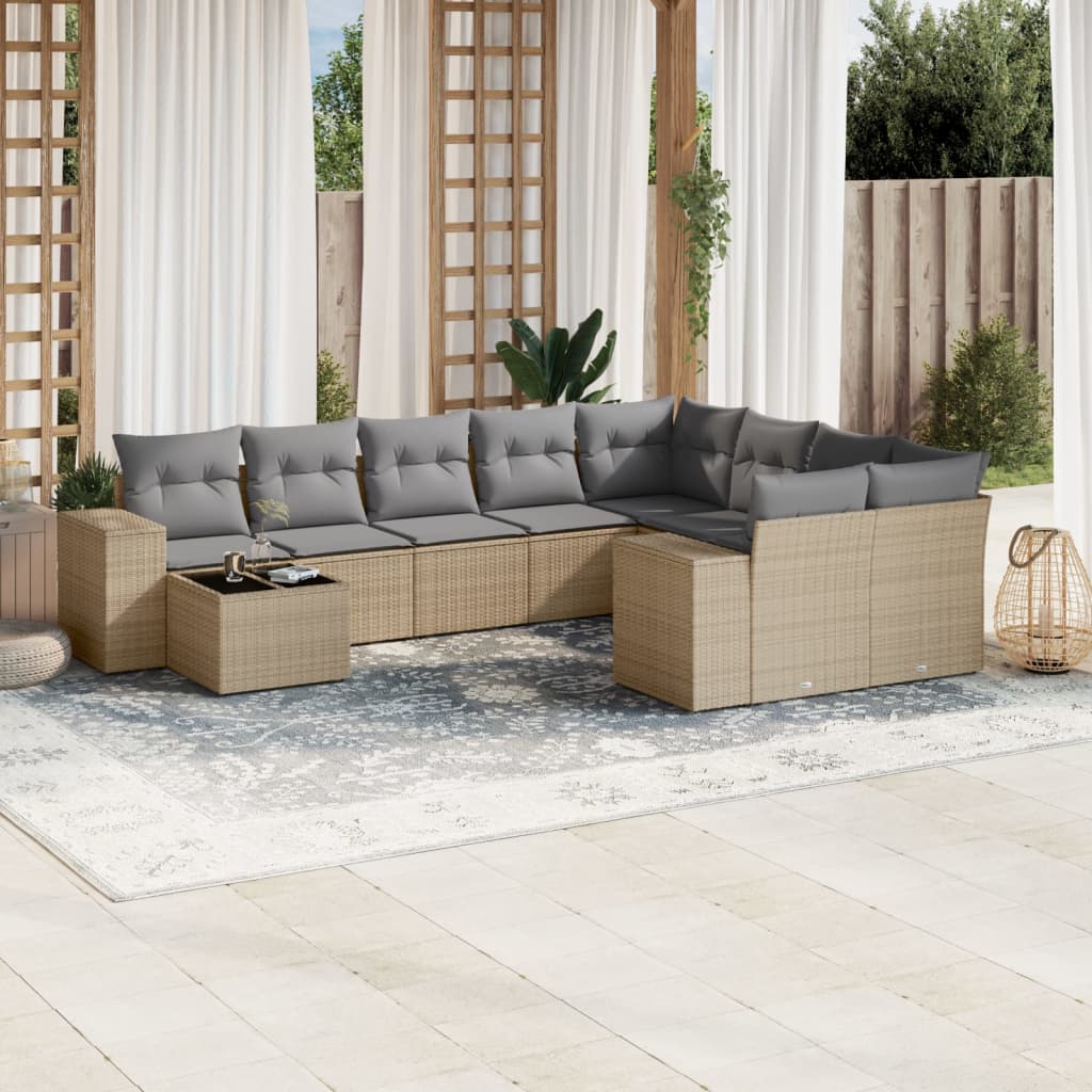 Set Divano da Giardino 10 pz con Cuscini Beige in Polyrattan