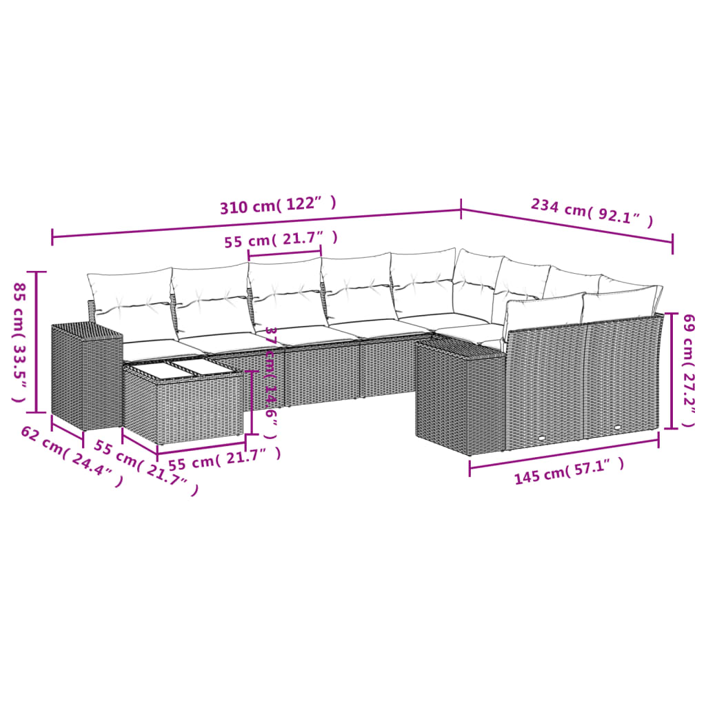 Set Divani da Giardino 10pz con Cuscini in Polyrattan Marrone