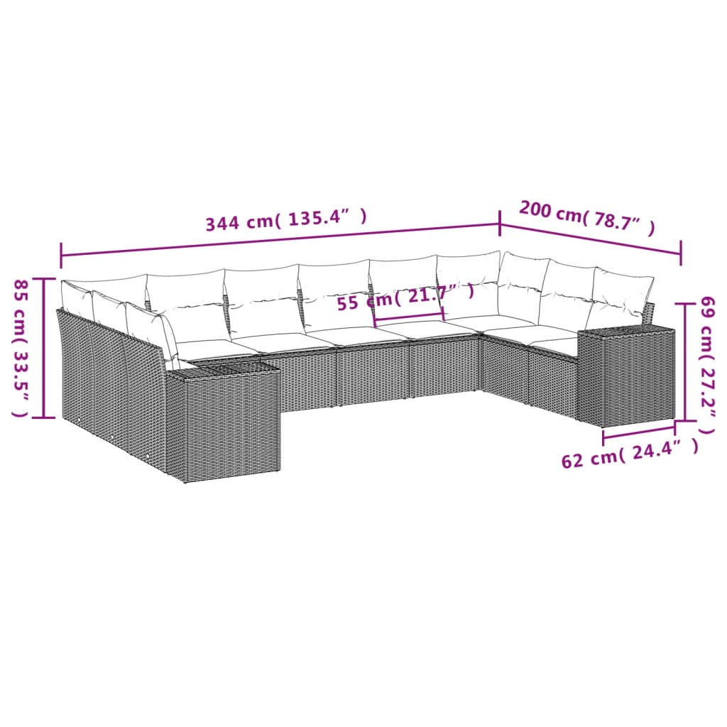 Set Divani da Giardino 10pz con Cuscini in Polyrattan Marrone